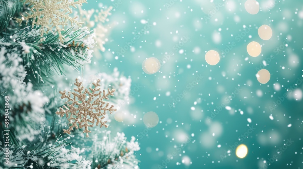 Elegant Christmas Tree with Glittering Snowflakes on Turquoise Elegant Christmas Tree with Glittering Snowflakes on Turquoise