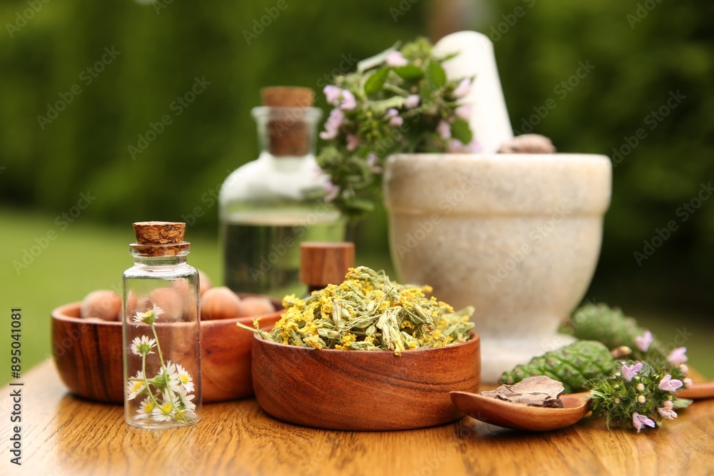 Different ingredients for tincture, bottles, mortar and pestle on wooden table outdoors Different ingredients for tincture, bottles, mortar and pestle on wooden table outdoors