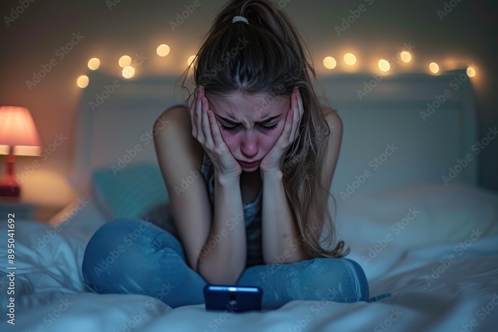 Young Teenager Experiencing Emotional Pain with Mobile Device Young Teenager Experiencing Emotional Pain with Mobile Device