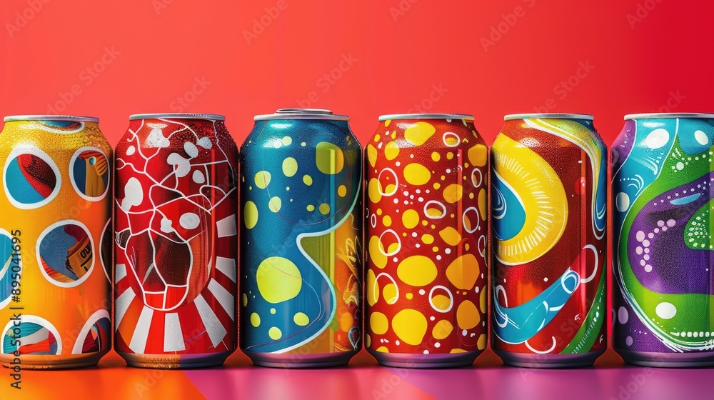 Colorful Beverage Cans on Red Background