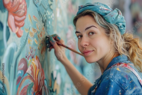 Skilled Artist Painting Wall with Precision, Creative Painter in Profile View