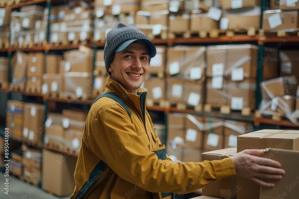 Fototapeta premium Efficient Delivery Person Handling Packages with Professionalism in Logistics Industry