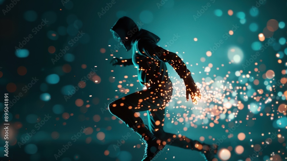 Naklejka premium A hacker silhouette attempting to breach a digital firewall, highlighting the ongoing battle in cybersecurity and data encryption.