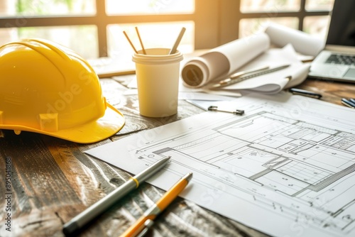 Close-Up of Construction Desk with Safety Helmet