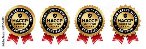 HACCP Hazard Analysis Critical Control Points, Food Safety system, logo, badge, icon, sticker, label, emblem, stamp, symbol, green, golden, flat vector, isolated illustration. HACCP Certified.