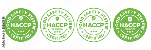HACCP Hazard Analysis Critical Control Points, Food Safety system, logo, badge, icon, sticker, label, emblem, stamp, symbol, green, golden, flat vector, isolated illustration. HACCP Certified.