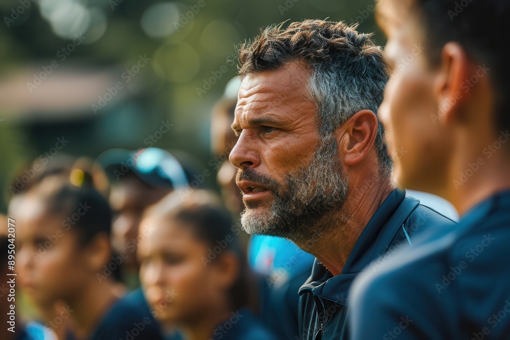 Portrait of a dedicated coach offering guidance to sports team, professional athlete in action Portrait of a dedicated coach offering guidance to sports team, professional athlete in action