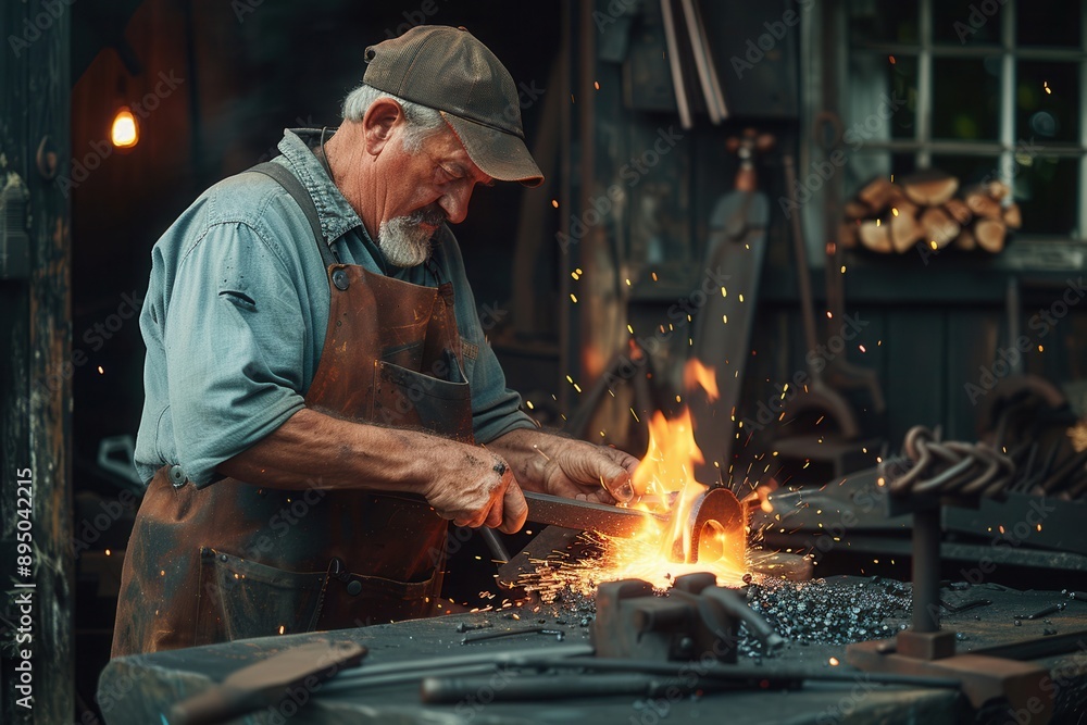 Master Blacksmith Crafting Metal with Precision in Forge, Skilled Artisan at Work Master Blacksmith Crafting Metal with Precision in Forge, Skilled Artisan at Work