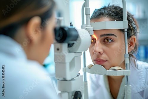 Close-up of Optometrist Conducting Eye Examination, Vision Care Specialist in Profile View photo