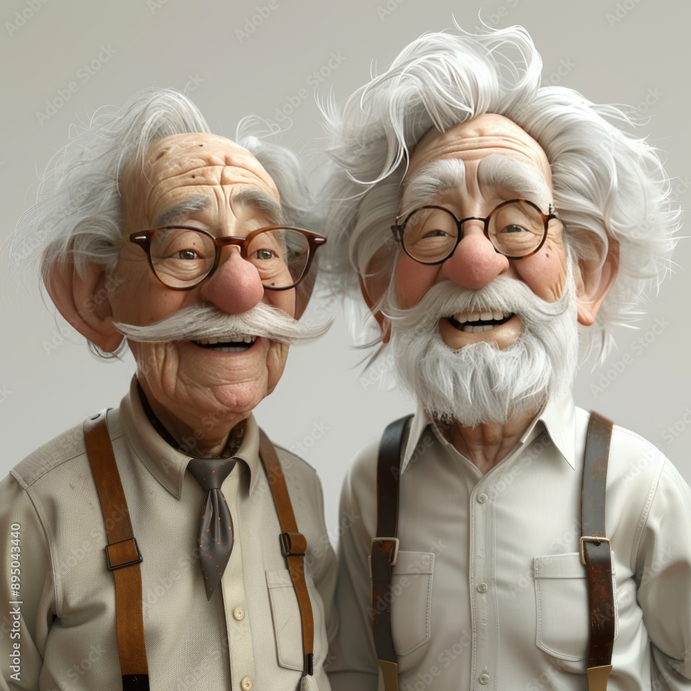 Two senior citizens with white hair, mustaches, glasses, and suspenders, standing close and smiling. Perfect for stock agencies, showcasing friendship, joy, and wisdom in later years. Two senior citizens with white hair, mustaches, glasses, and suspenders, standing close and smiling. Perfect for stock agencies, showcasing friendship, joy, and wisdom in later years.