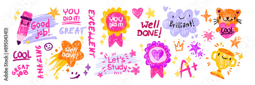 Kids doodle motivational sticker set, vector school child inspiration quote hand drawn baby scribble. Kindergarten class graduate badge, colorful crayon handwriting star medal. Kids doodle lettering