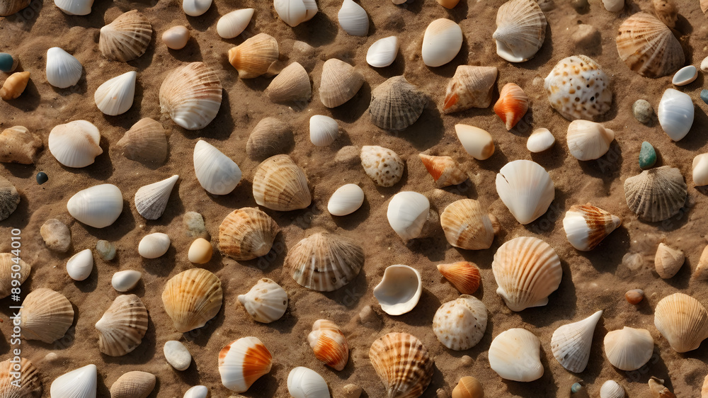Fototapeta premium Beach sand with seashells and small stones. Generative AI