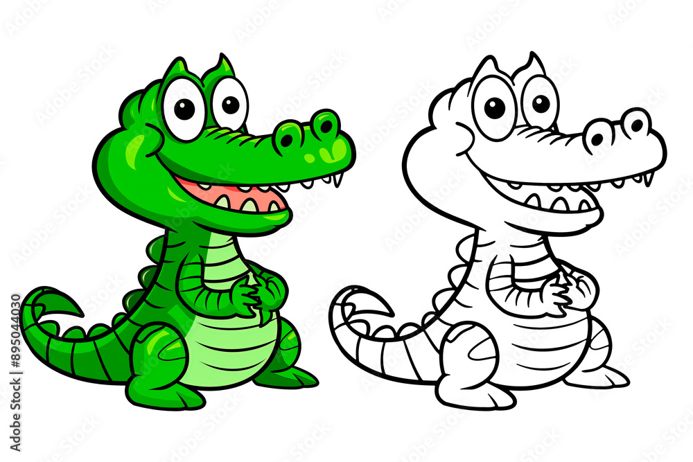 Obraz premium Cartoon animals, funny drawn crocodile with contour lines isolated on a transparent background. Simple animal Clip Art, Printable crocodile Coloring Page. Simple coloring book for children.