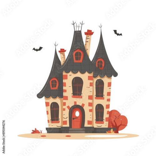 a haunted house, Halloween element, flat design illustration, spooky, isolated on white background