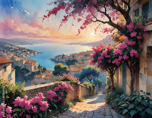 Watercolor illustration of the Cote d' Azur at dawn