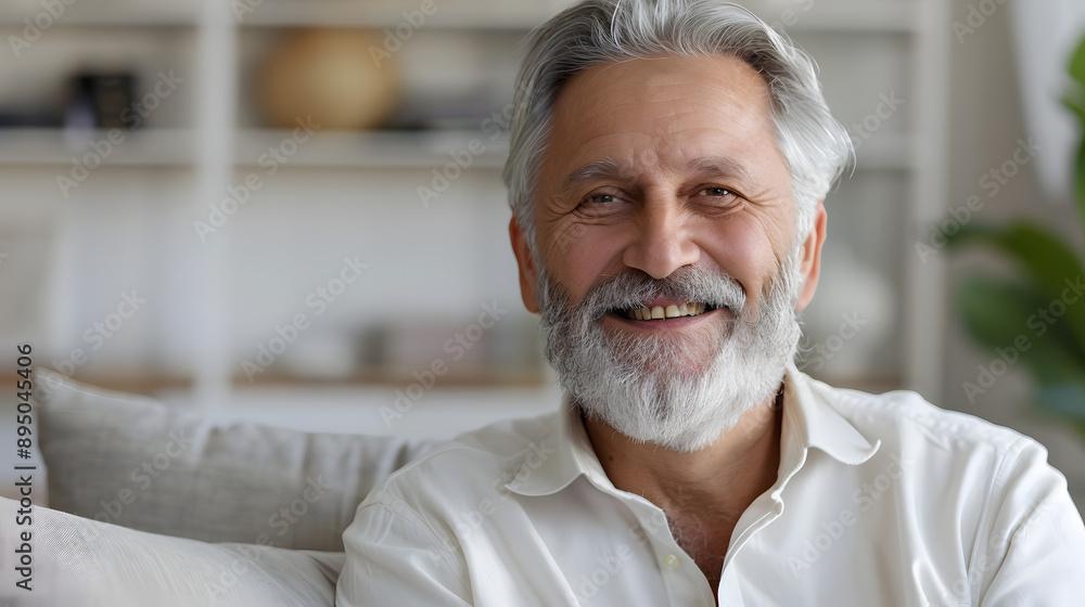 Close-up portrait of a smiling gray-haired senior man at home, sitting on a sofa in a white shirt and with a beard, smiling at the camera Close-up portrait of a smiling gray-haired senior man at home, sitting on a sofa in a white shirt and with a beard, smiling at the camera