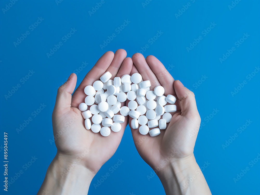 Pills held in hand, medical concept, close-up on blue background Pills held in hand, medical concept, close-up on blue background