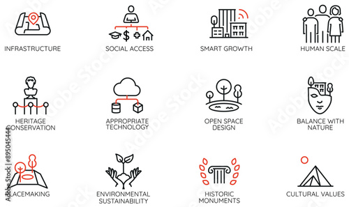 Vector Set of Linear Icons Related to Balance of Cultural Heritage and intelligent urbanism. City Infrastructure. Mono line pictograms and infographics design elements