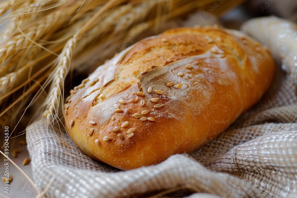 Loaf of bread setting besides some wheats Loaf of bread setting besides some wheats