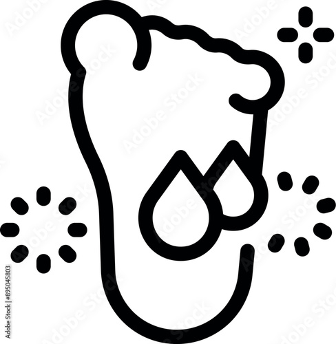 Outline icon of a human foot sweating excessively, causing discomfort and unpleasant odor