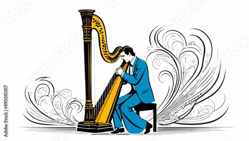 Elegant Musician Playing the Harp Vector