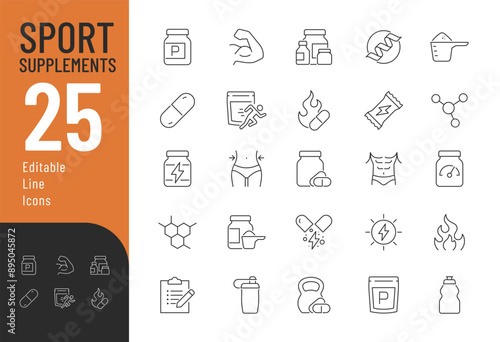Sport supplement care Editable Icons set. Vector illustration in modern thin line style of healthy lifestyle related icons: protein, vitamins, diet, and more. Pictograms and infographics