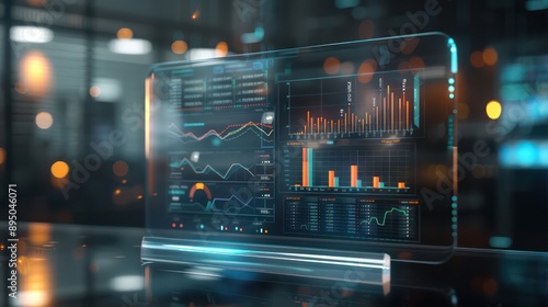 strategic financial review displayed on a transparent OLED screen, with floating 3D charts and data points