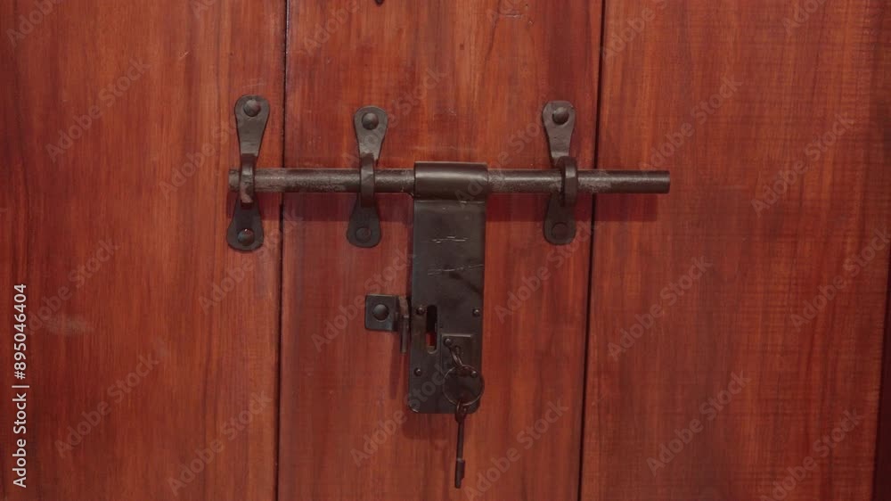 A close-up of an old metal lock on a wooden door with a rustic appearance A close-up of an old metal lock on a wooden door with a rustic appearance