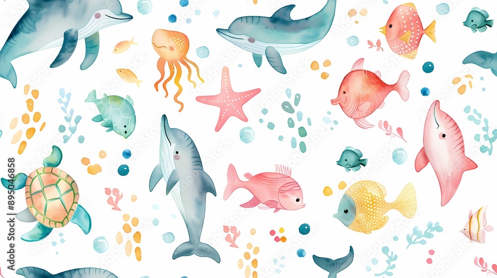 Cute Watercolor Sea Animals Pattern Cute Watercolor Sea Animals Pattern