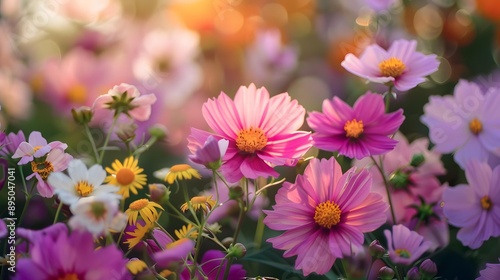 Pink Cosmos Flowers Blooming in Summer Garden
