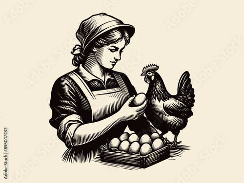 Woman farmer at a poultry farm. With eggs and chicken.  Vintage engraving vector illustration, emblem, logo. Isolated object	