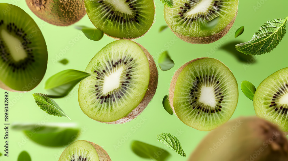 Fototapeta premium kiwi fruit slices falling or floating