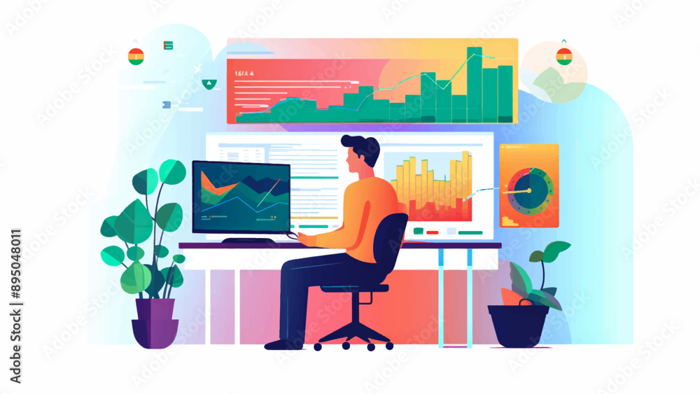 People working on computer, Flat design vector illustration. Flat vector business man working on monitor computer and design concept technology smart working online connect to cloud server network. People working on computer, Flat design vector illustration. Flat vector business man working on monitor computer and design concept technology smart working online connect to cloud server network.