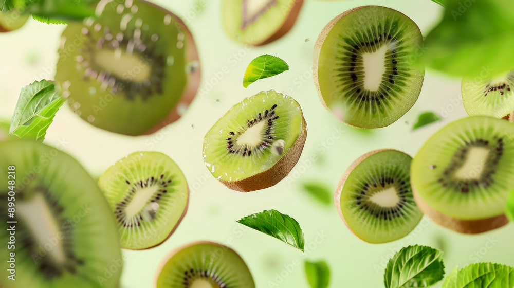 Fototapeta premium kiwi fruit slices falling or floating