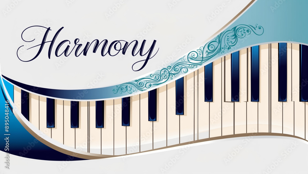 Fototapeta premium Abstract Piano Keys With Blue Swirls and the Word Harmony 