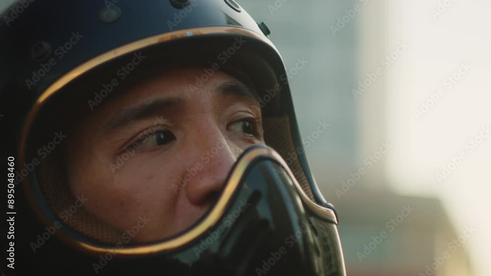 portrait of asiatic young biker or rider wearing helmet without visor at sunset 