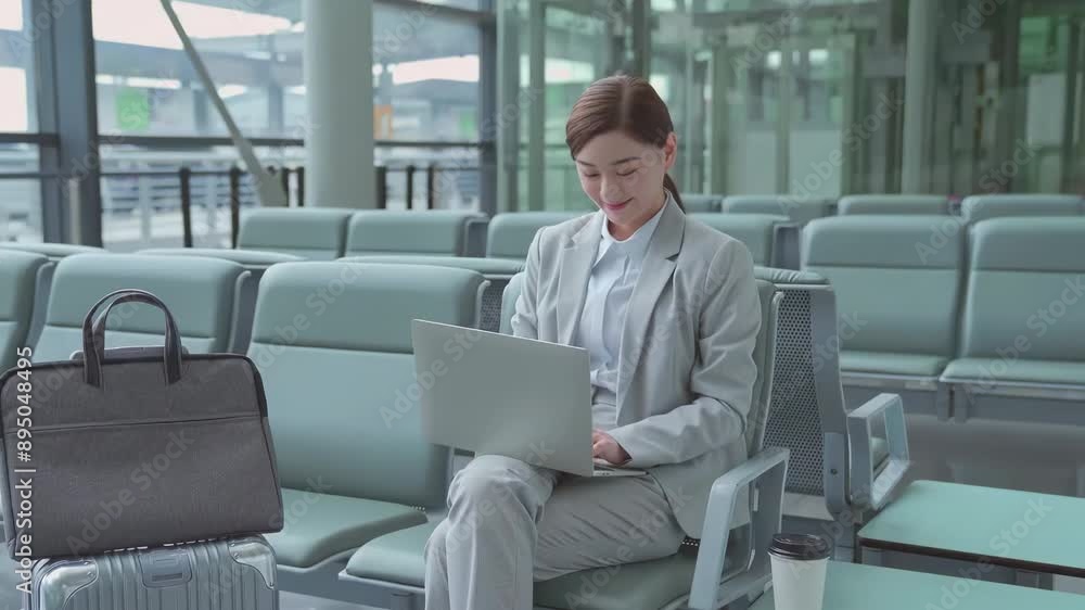 Beauty business woman with luggage working with a laptop computer sitting in airport terminal at waiting room. Beauty business woman with luggage working with a laptop computer sitting in airport terminal at waiting room.