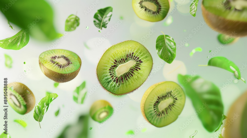 Fototapeta premium kiwi fruit slices falling or floating