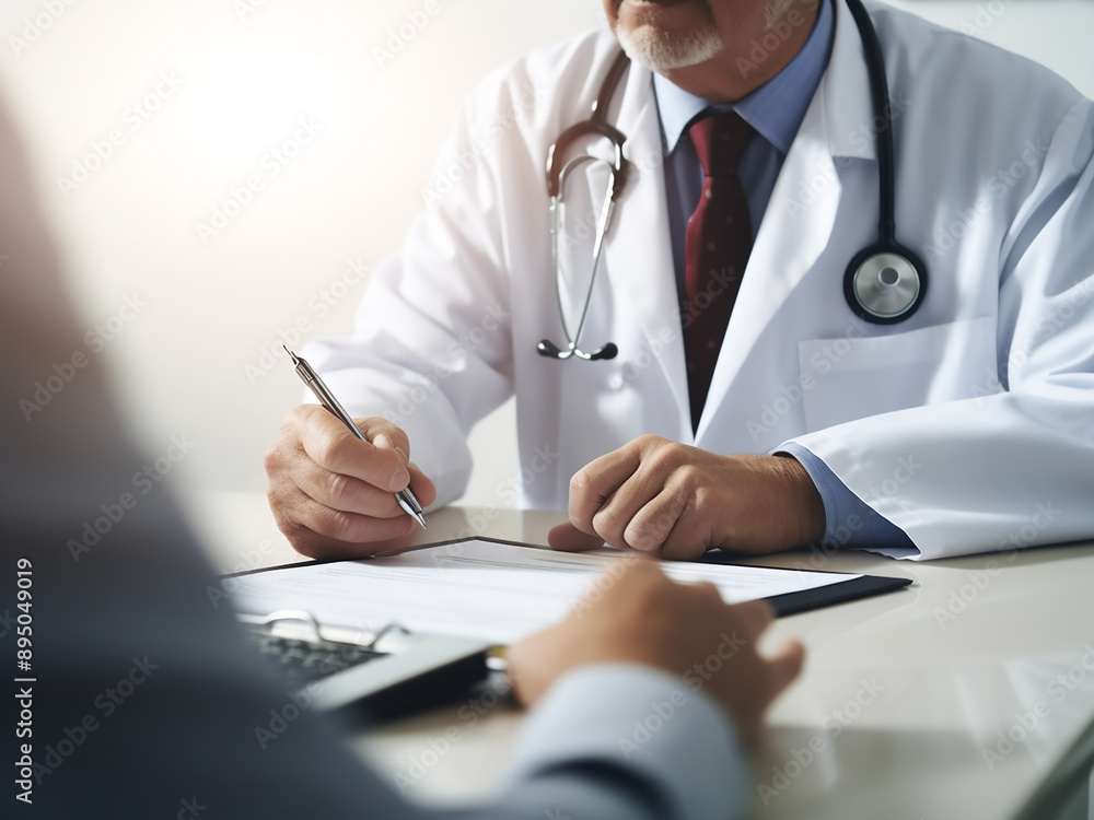 Doctor and patient discussing at a clinic desk, focusing on the stethoscope on the table Doctor and patient discussing at a clinic desk, focusing on the stethoscope on the table