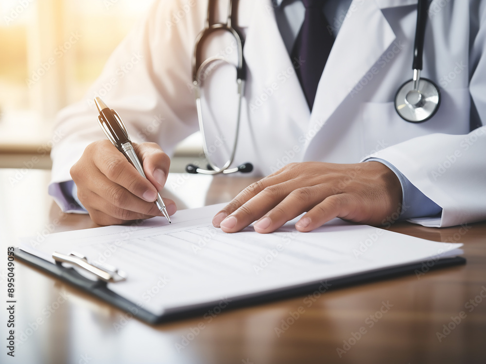 Close-up of a doctor writing a prescription at a desk Close-up of a doctor writing a prescription at a desk