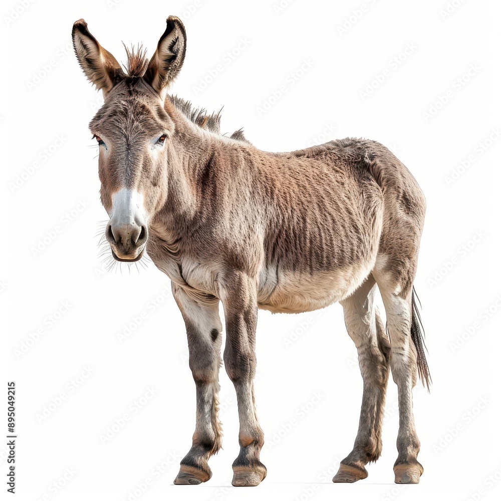A front-facing view of a donkey standing on a white background, showcasing its characteristic furry coat and gentle facial expression.