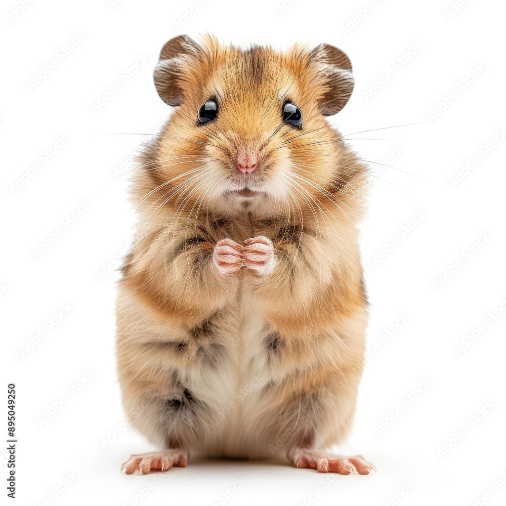 Adorable close-up of a cute hamster standing on its hind legs, showcasing its fluffy fur and tiny paws against a white background. Adorable close-up of a cute hamster standing on its hind legs, showcasing its fluffy fur and tiny paws against a white background.