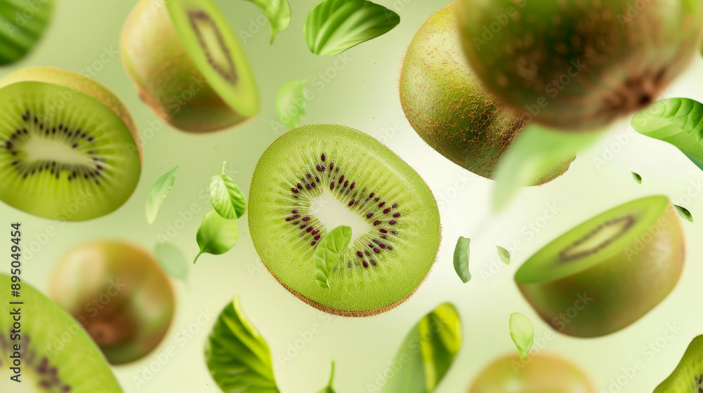 Fototapeta premium kiwi fruit slices falling or floating