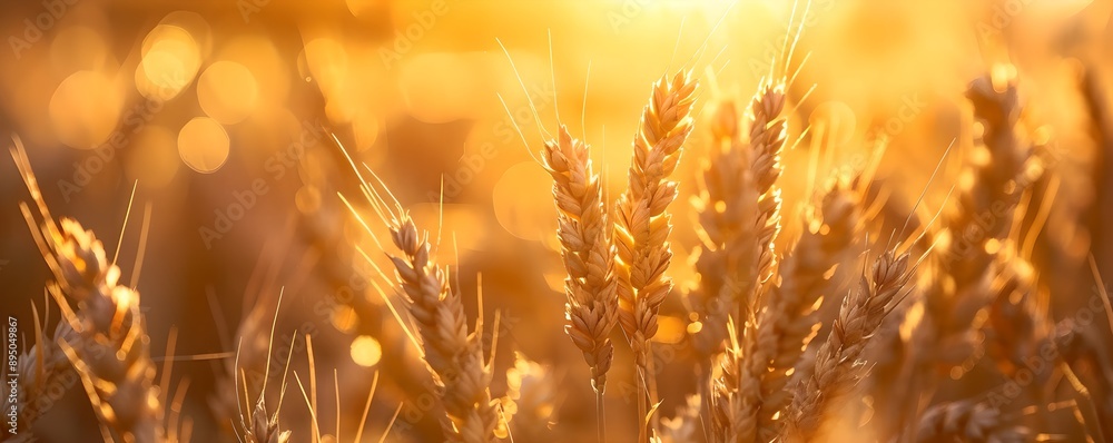 Close-up of golden wheat field at sunset. Beautiful nature background. Autumn harvest season. Agriculture and farming concept Close-up of golden wheat field at sunset. Beautiful nature background. Autumn harvest season. Agriculture and farming concept