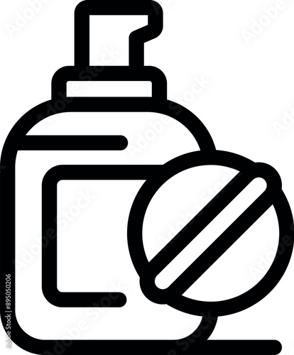 Line art icon of a round pill bottle with a dispenser pump, suggesting liquid medication