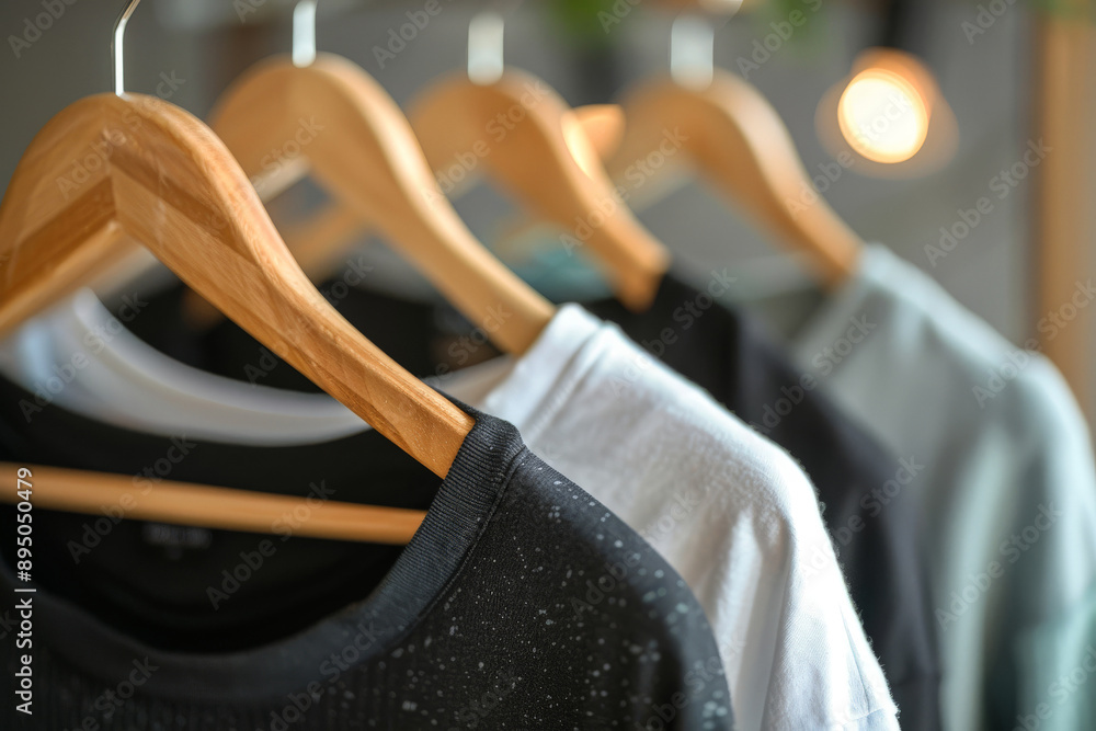 Collection of Neatly Arranged Clothing on Wooden Hangers in a Modern Wardrobe Closet Collection of Neatly Arranged Clothing on Wooden Hangers in a Modern Wardrobe Closet