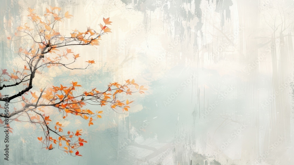 A tree branch with orange leaves is the main focus of the image