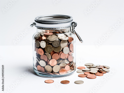 Medical insurance concept featuring a coin jar and stethoscope on a white backdrop