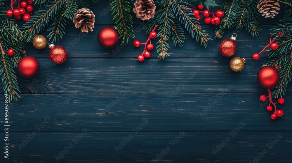 Christmas decorations with red and gold ornaments, pine branches, and berries on a dark wooden background. Christmas decorations with red and gold ornaments, pine branches, and berries on a dark wooden background.