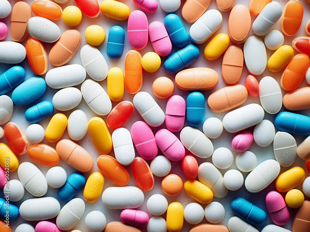 Multicolored pills on a medical background, concept of pharmacy and flu medicine Multicolored pills on a medical background, concept of pharmacy and flu medicine